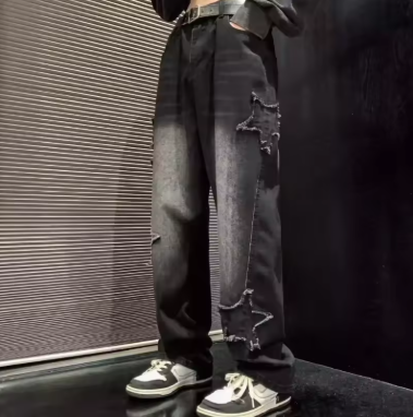 Black Stars Patchwork Men Baggy Jeans Y2K